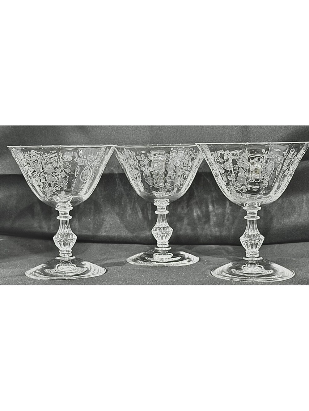 3 Fostoria Arcady Low Sherbet Glasses Rare Stem 6014, Etch 326 Glasses 4.5”